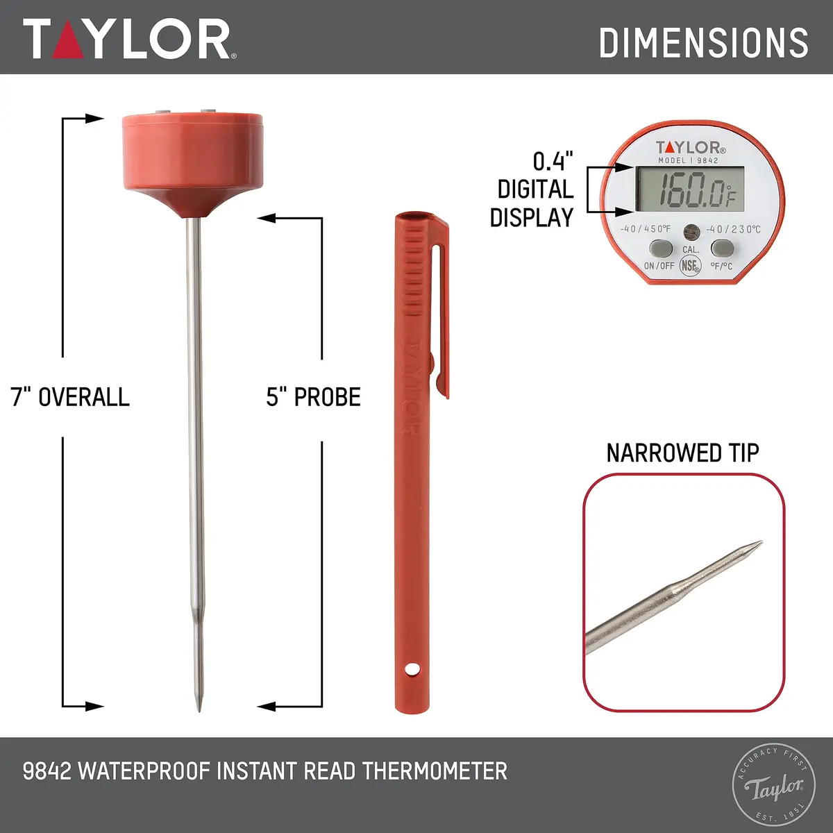 Taylor Waterproof Digital Instant Read Thermometer for Cooking, BBQ, Grilling, Baking, Meat | Waterproof, Recalibratable, 450°F - view 3