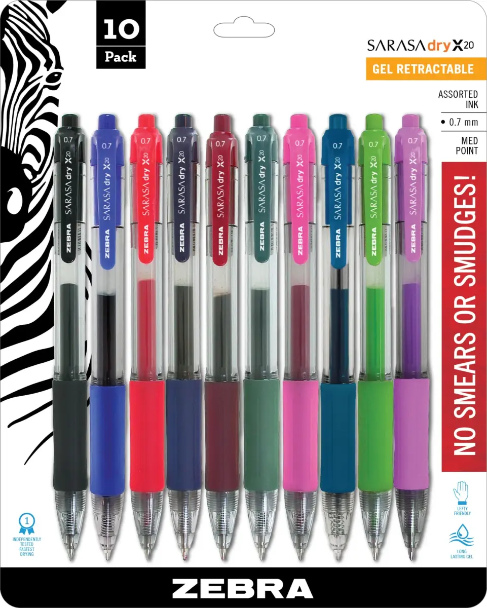 Zebra Pen SARASA X20 Retractable Gel Pens, Assorted Ink, 0.7mm, 10-Pack | Smooth Writing, Rapid Dry Ink - main product image