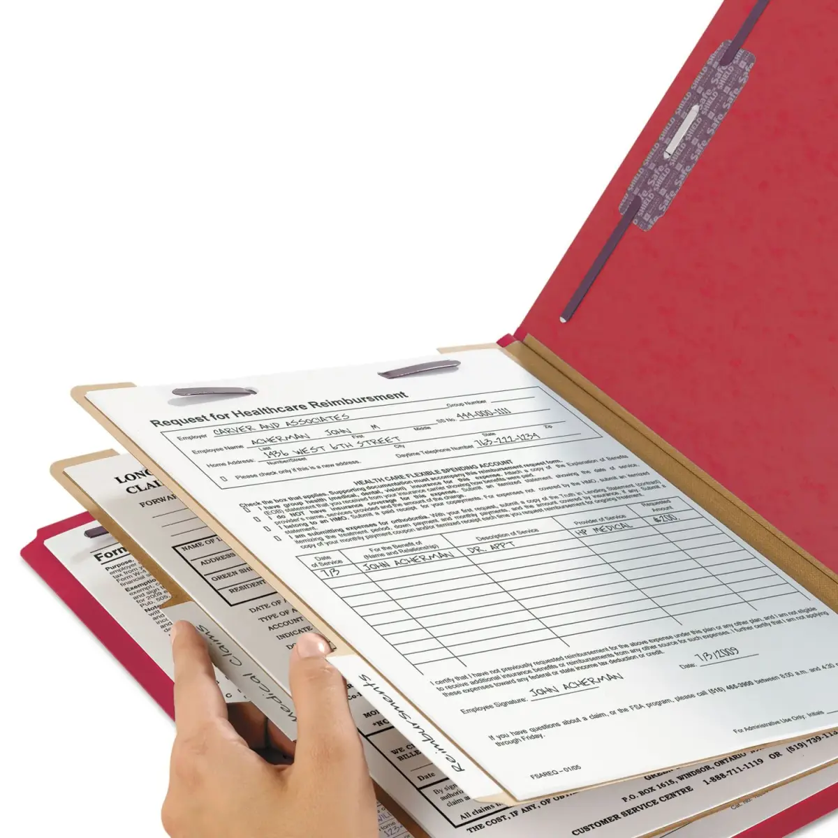 Smead Pressboard Classification File Folder with SafeSHIELD Fasteners, 2 Dividers, 2" Expansion, Letter Size, Bright Red, 10 per Box | Heavy Duty Project Files - view 6