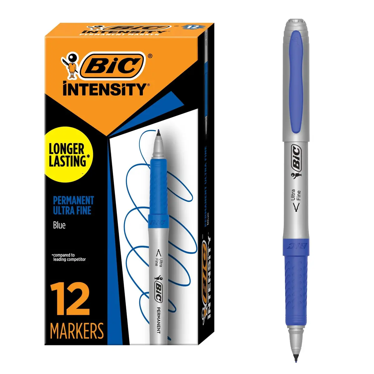 BIC Intensity Blue Permanent Markers, Ultra Fine Point, 12-Count Pack | Precise, Long-Lasting Blue Markers with Soft Grip - main product image