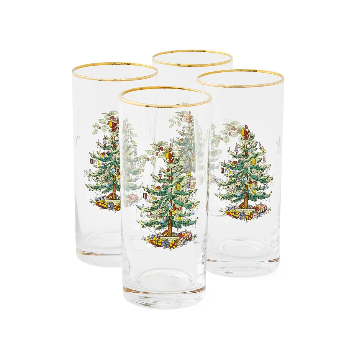 Spode Christmas Tree 15oz Highball Glasses Set of 4 | Gold-Rimmed Holiday Drinkware for Christmas & New Year - main product image