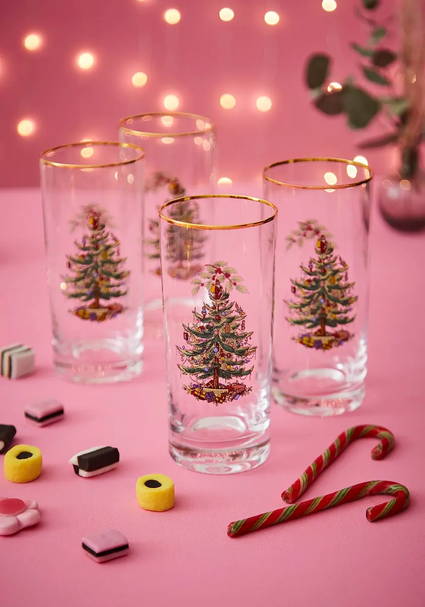 Spode Christmas Tree 15oz Highball Glasses Set of 4 | Gold-Rimmed Holiday Drinkware for Christmas & New Year - view 2