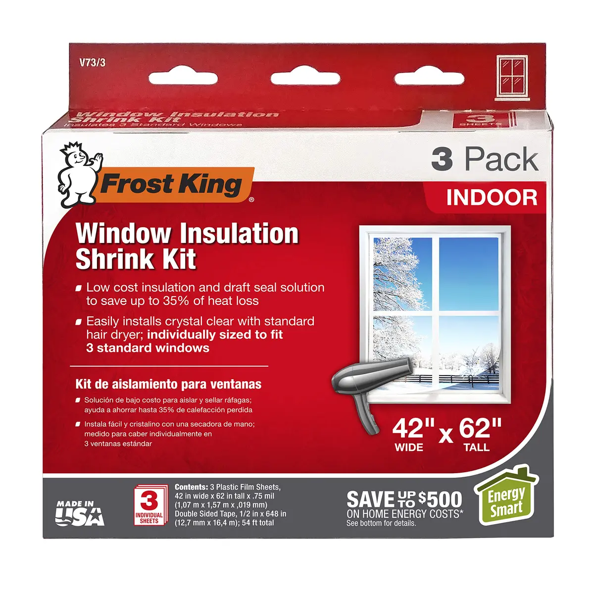 Frost King V73/3H Shrink Window Kit 42 x 62 in | Indoor Weatherproofing Solution - main product image