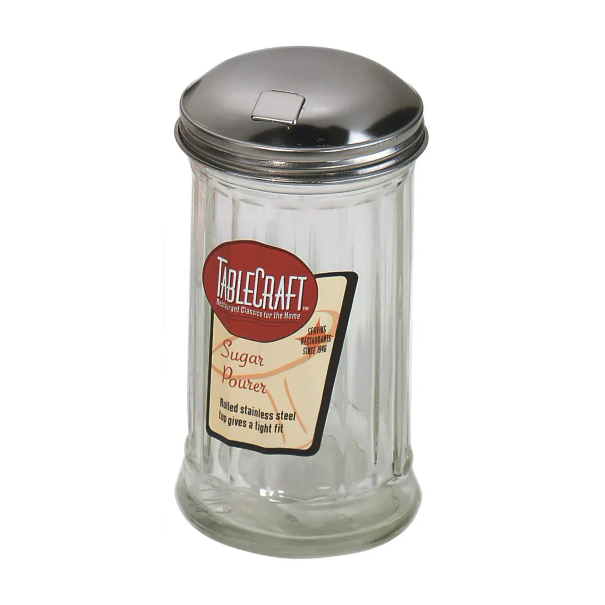 Tablecraft Sugar Pourer 12 oz | Clear Glass with Hinged Lid, Dishwasher Safe - main product image
