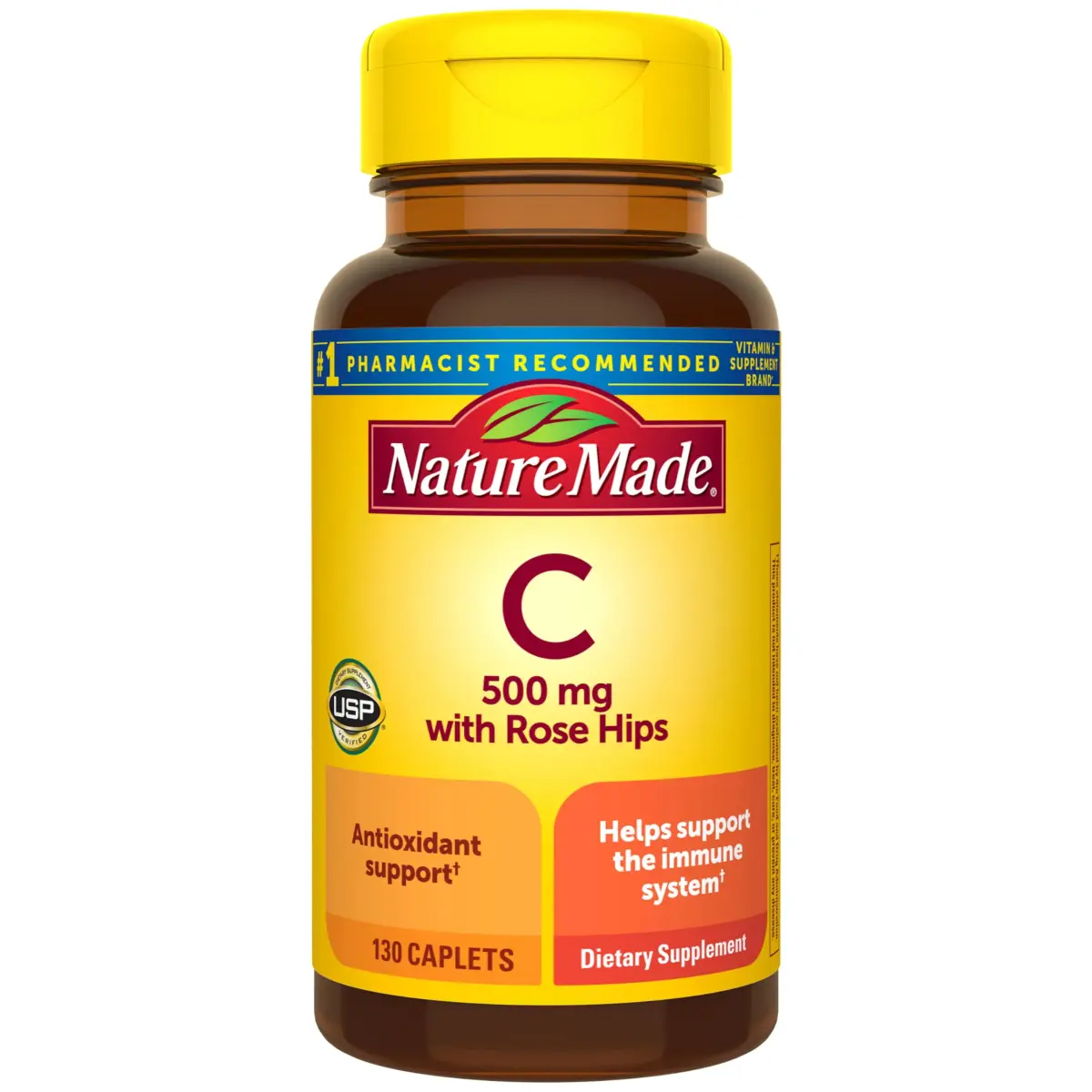 Nature Made Vitamin C 500 mg with Rose Hips Caplets 130 Count | Immune Support & Antioxidant Power - main product image