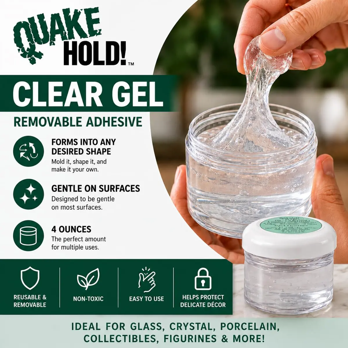 Quakehold! Clear Gel for Glass & Crystal 4oz | Reusable, Discreet Earthquake Protection - view 2