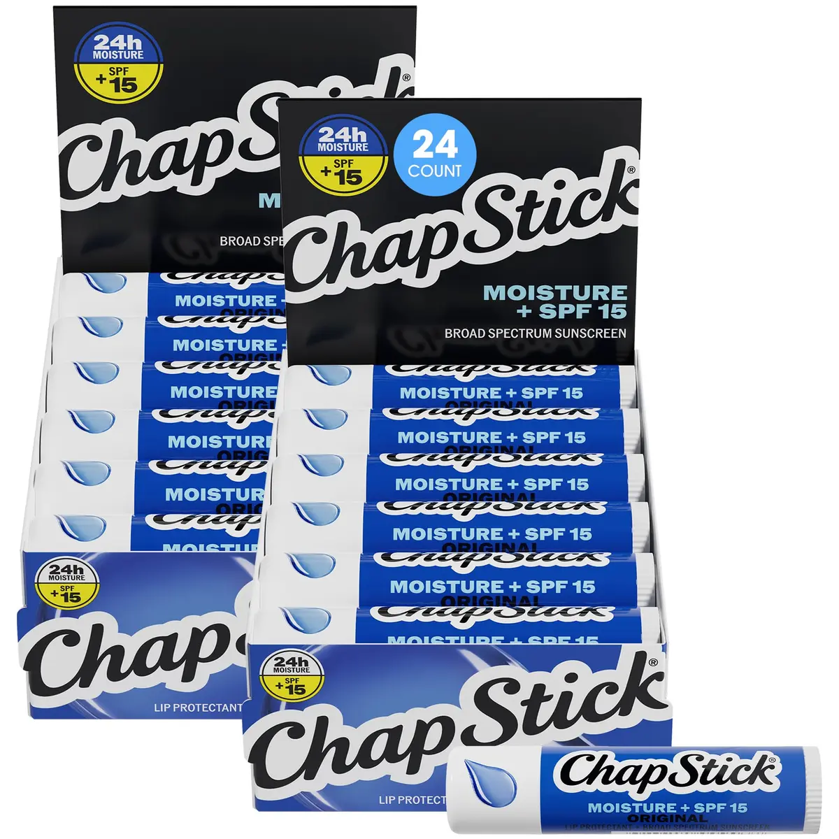 ChapStick Moisture + SPF 15 Bulk Lip Balm Sunscreen 24-Pack, 0.15 Oz Ea | Hydrates & Protects with Broad Spectrum SPF 15 - main product image