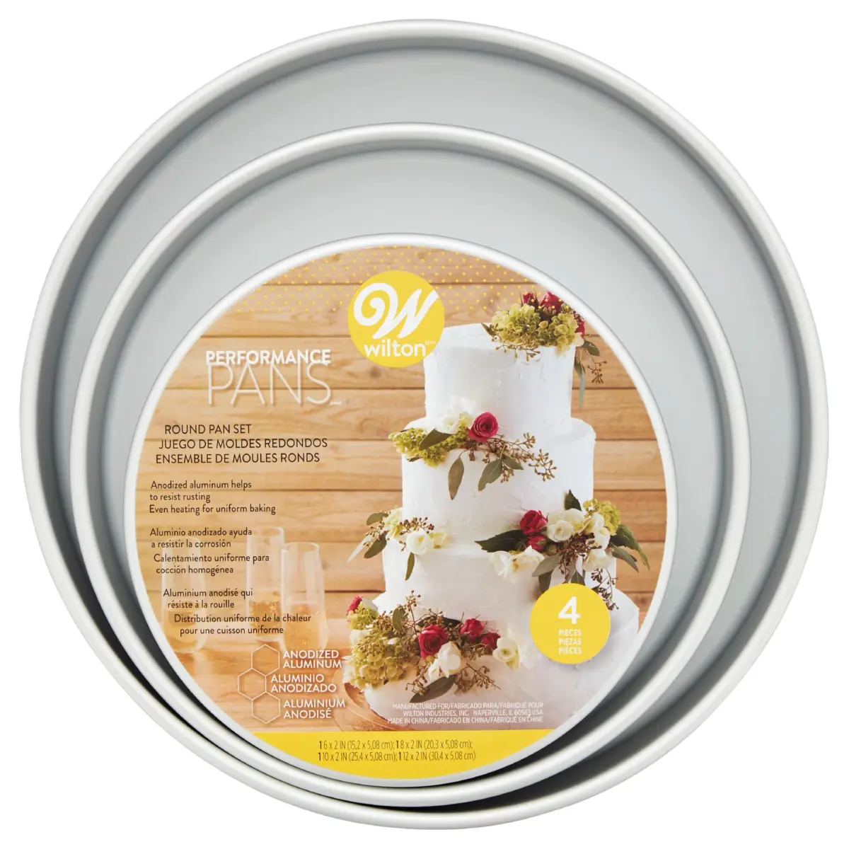Wilton Aluminum Round Cake Pan Set, 4-Piece (8, 10, 12, 14 inch) | Even Heat Distribution for Multi-Tiered Cakes - main product image