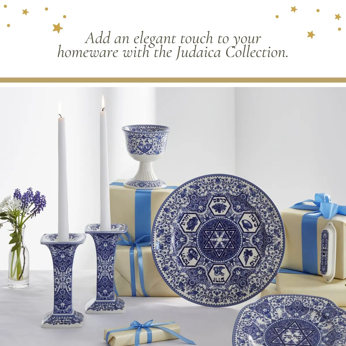 Spode Judaica Sabbath Candlesticks Set of 2 | Elegant Blue & White Ceramic Candle Holders for Shabbat & Holidays - view 5