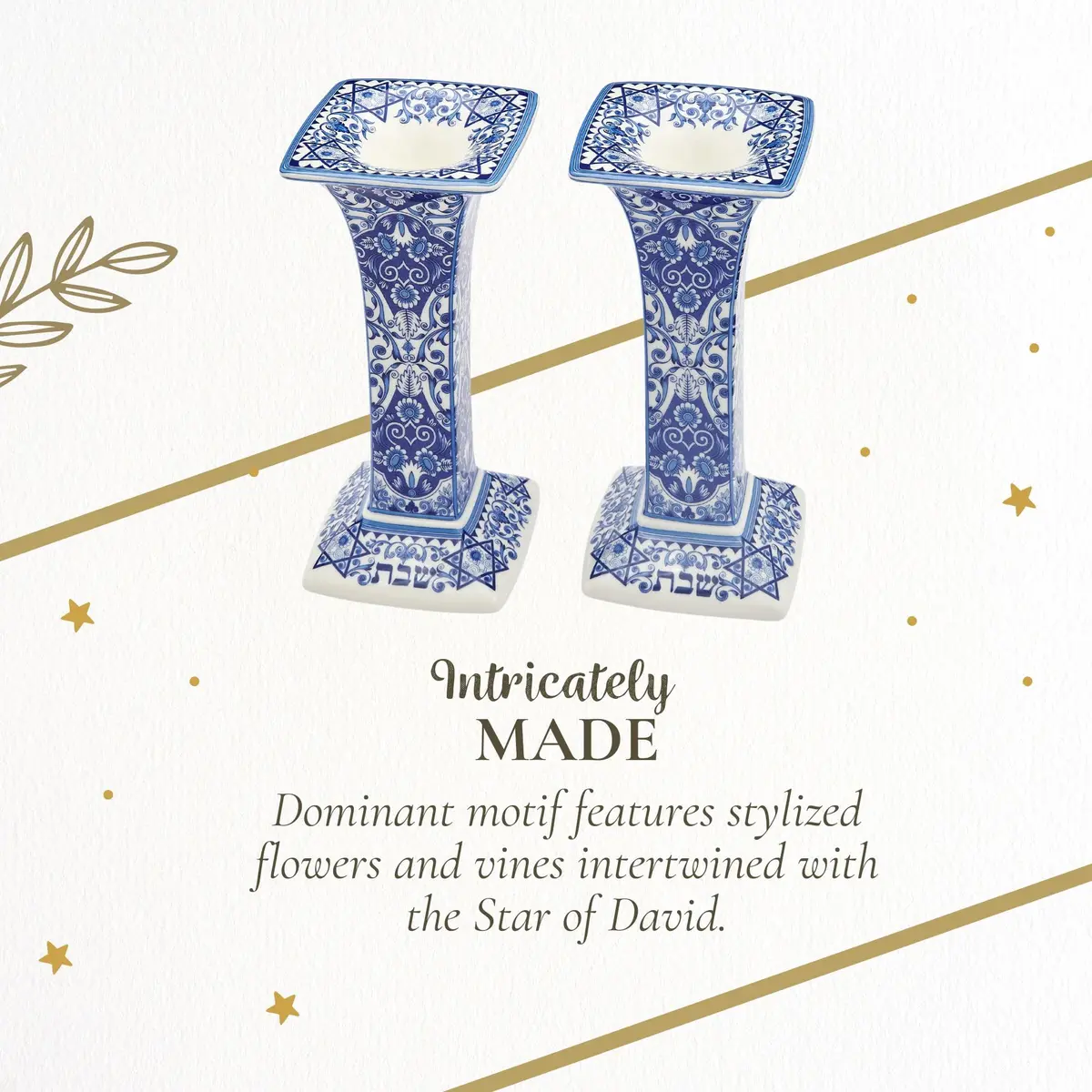 Spode Judaica Sabbath Candlesticks Set of 2 | Elegant Blue & White Ceramic Candle Holders for Shabbat & Holidays - view 6