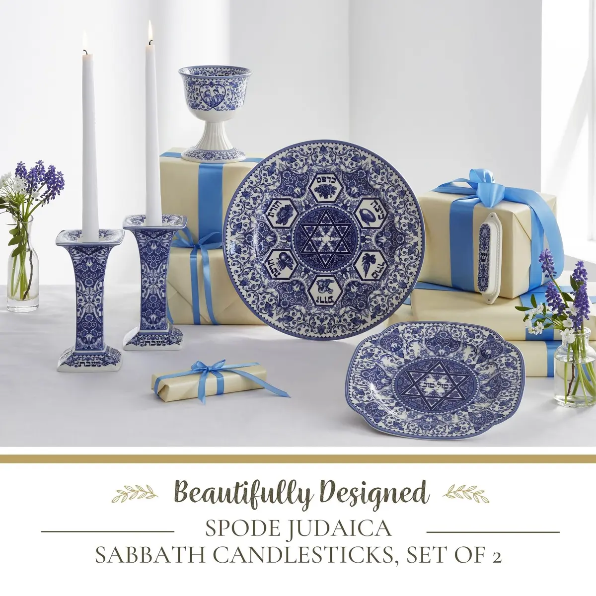 Spode Judaica Sabbath Candlesticks Set of 2 | Elegant Blue & White Ceramic Candle Holders for Shabbat & Holidays - view 2