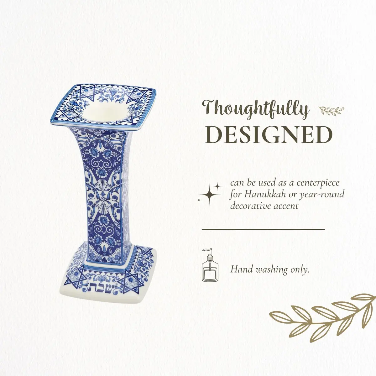 Spode Judaica Sabbath Candlesticks Set of 2 | Elegant Blue & White Ceramic Candle Holders for Shabbat & Holidays - view 3