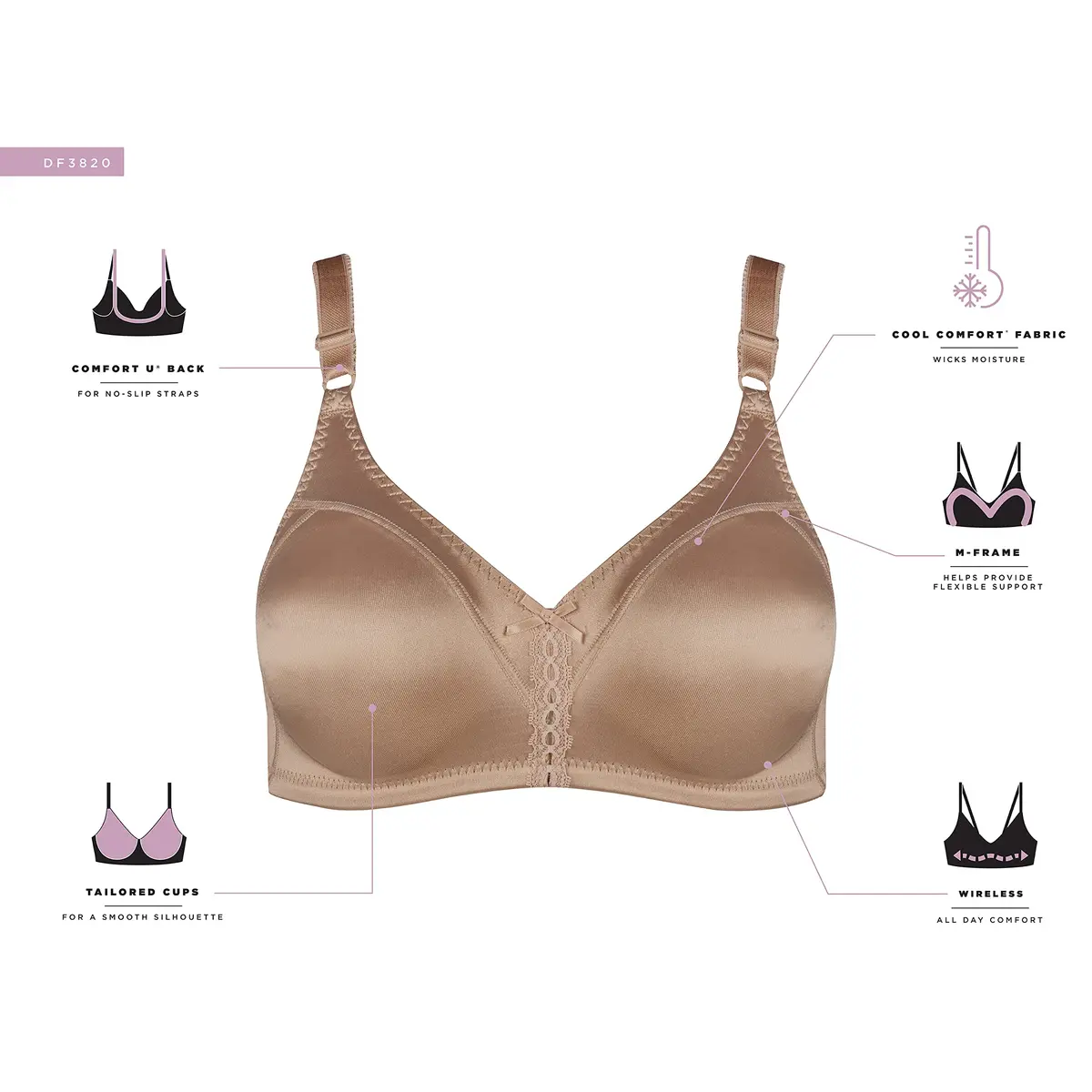 Bali Double Support Wireless Bra, Cream, 38D | Full Coverage, Moisture-Wicking Comfort - view 5