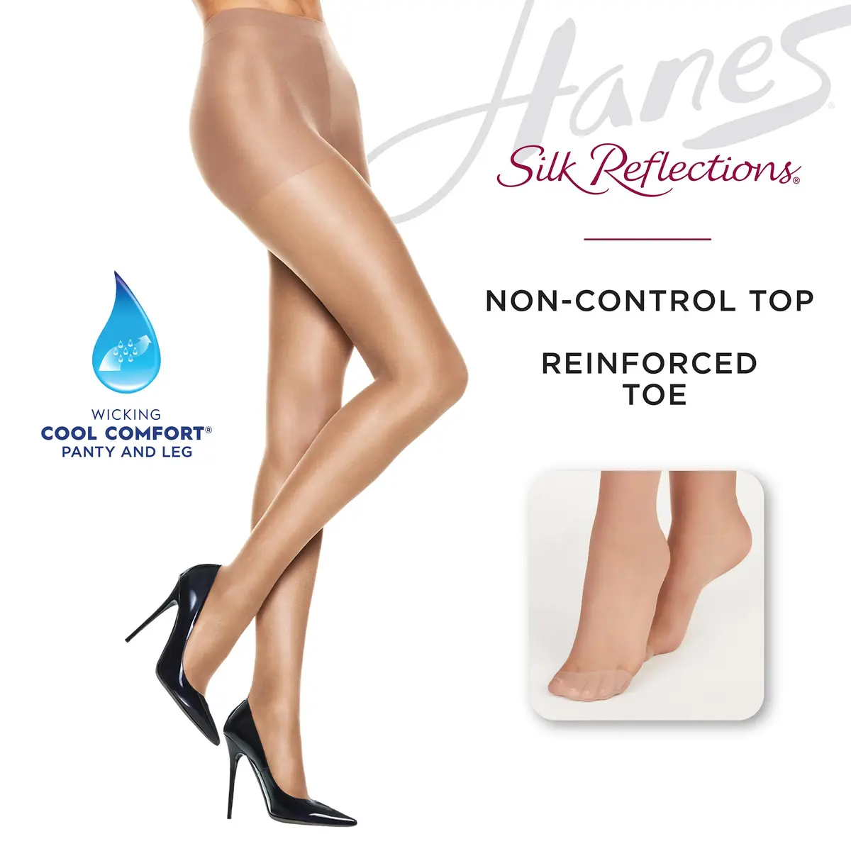 Hanes Silk Reflections Non Control Reinforced Toe Silky Sheer Pantyhose | Barely There, Size AB - view 3