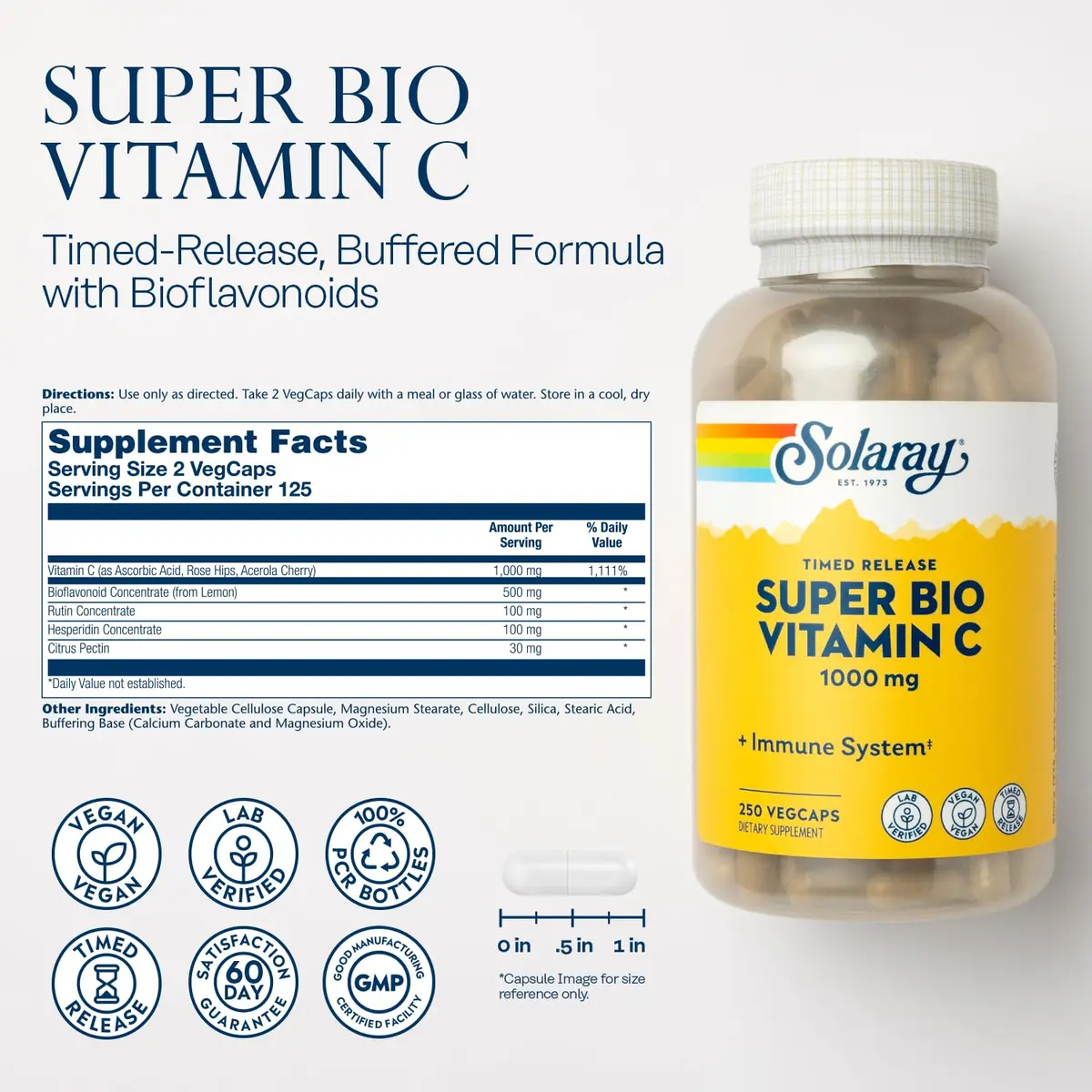 SOLARAY Super Bio Buffered Vitamin C 1000 mg Time Release | Vegan, 250 VegCaps, Supports Immunity & Heart - view 2