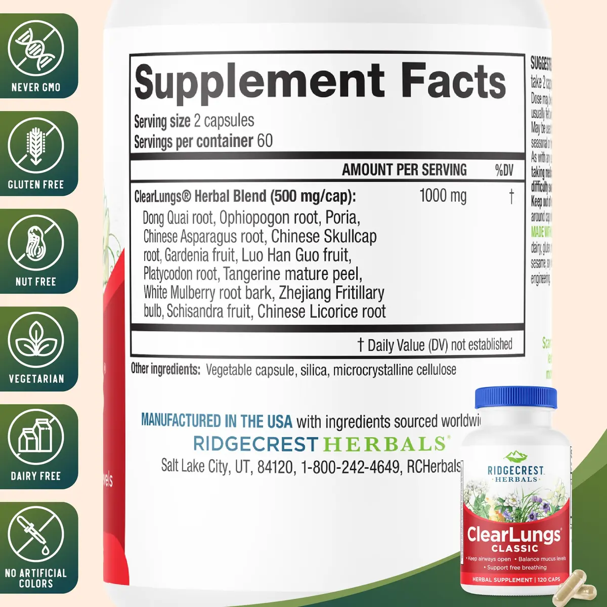 RidgeCrest Herbals ClearLungs Classic 120 Ct | Natural Lung Support for Adults - view 3