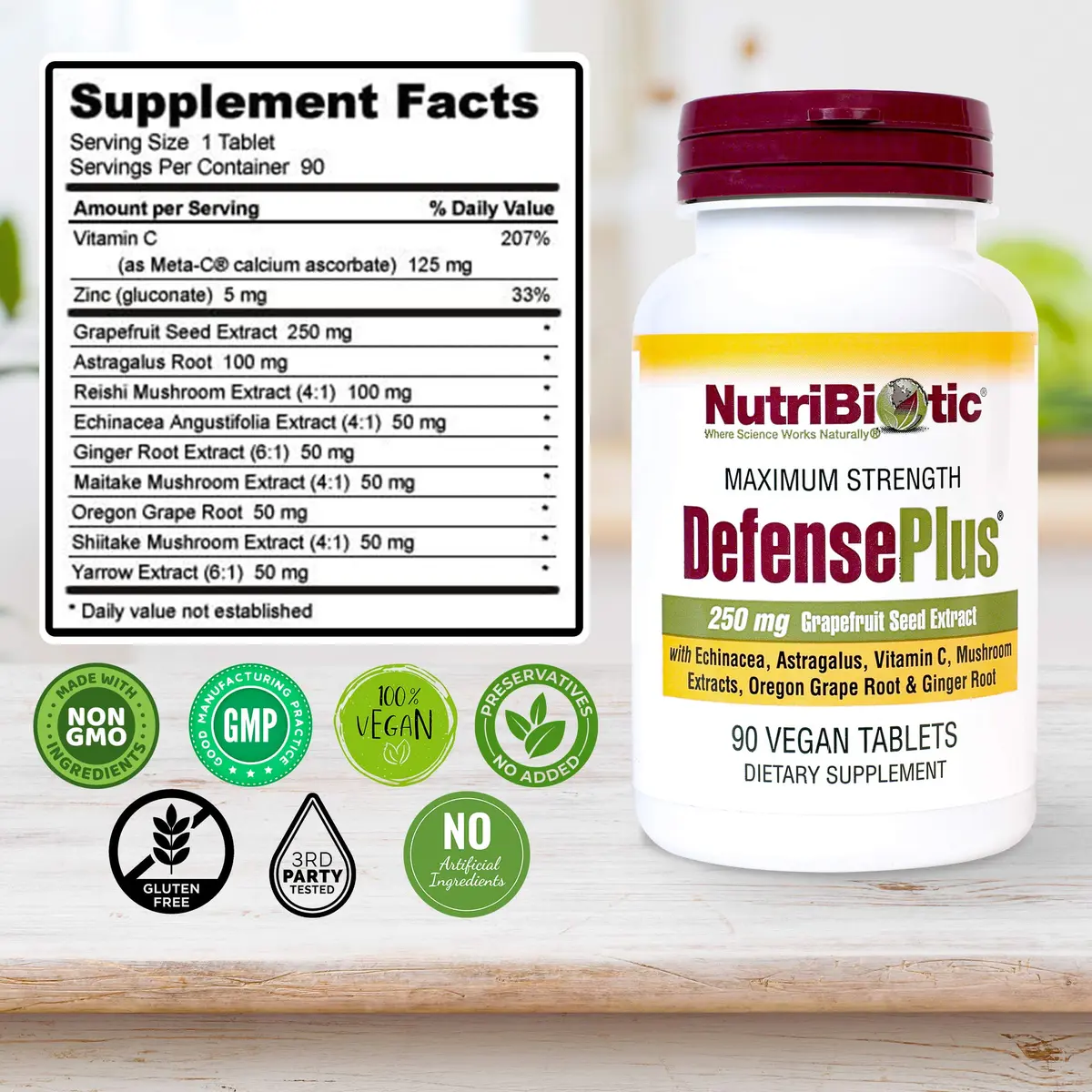 NutriBiotic DefensePlus 90 Tablets | 11-in-1 Immune Support with Vitamin C & Mushrooms - view 5