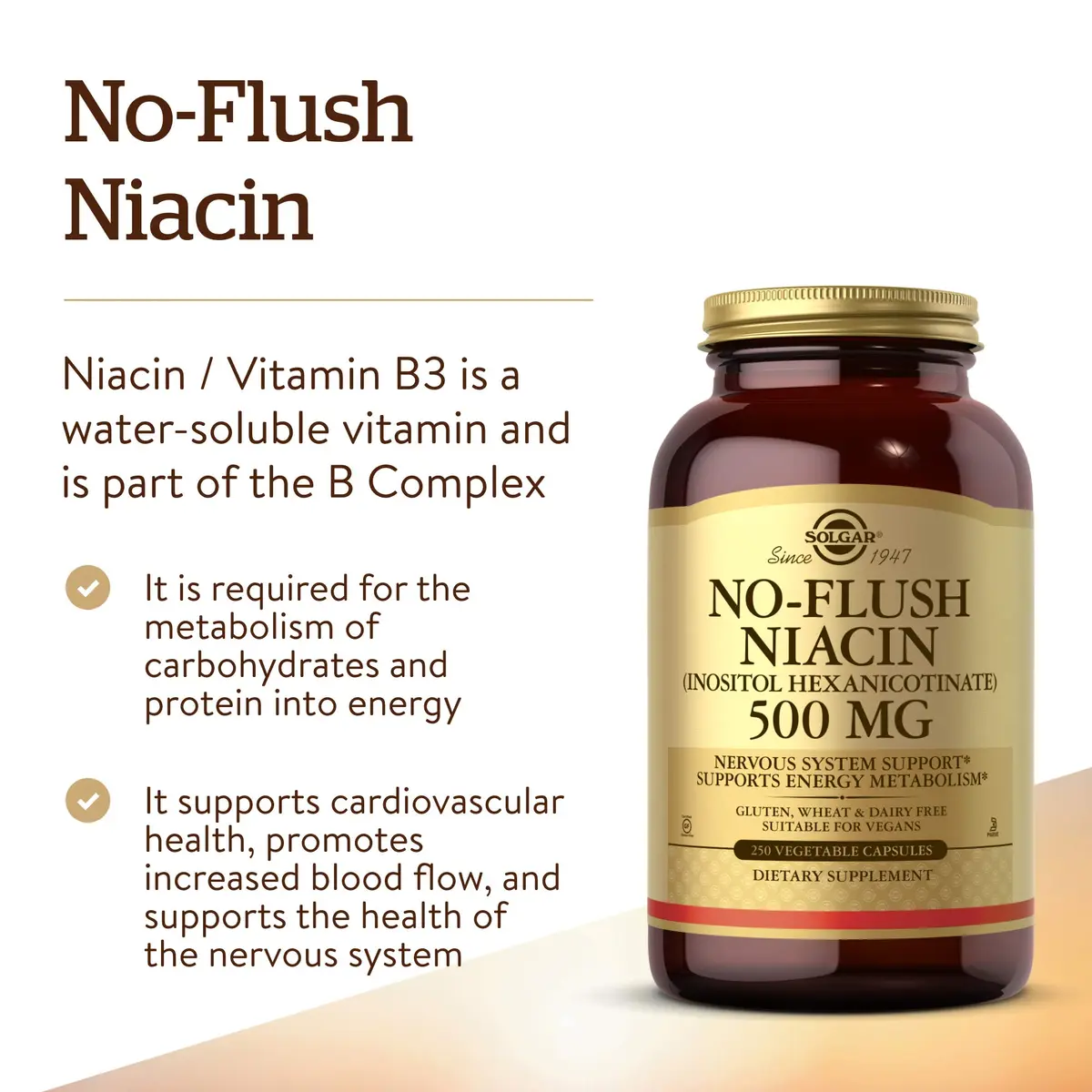 Solgar No-Flush Niacin 500 mg | No-Flush Delivery | 250 Vegetable Capsules - view 3