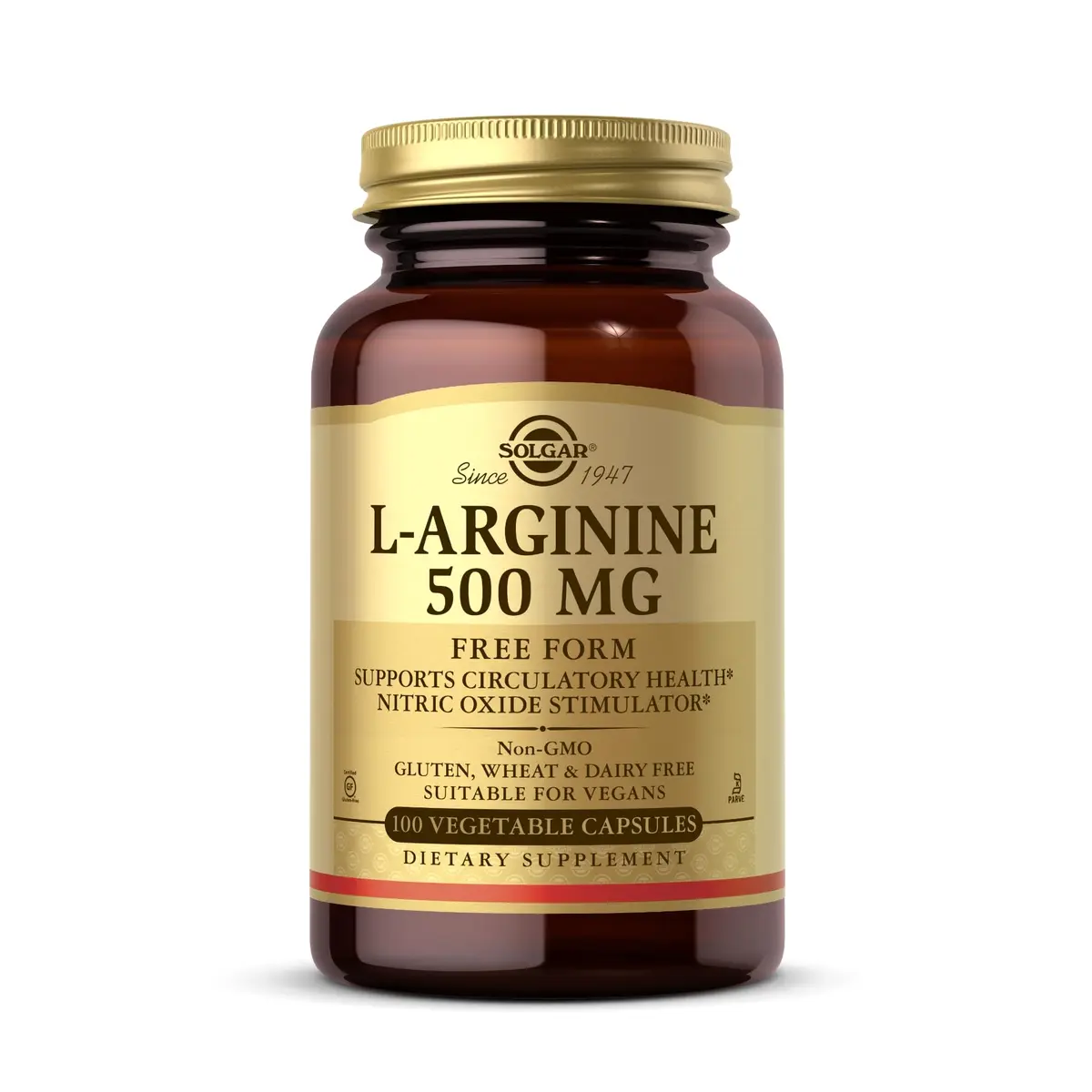 Solgar L-Arginine 500 mg Vegetable Capsules | Nitric Oxide Stimulator for Heart Health (100 Count) - main product image
