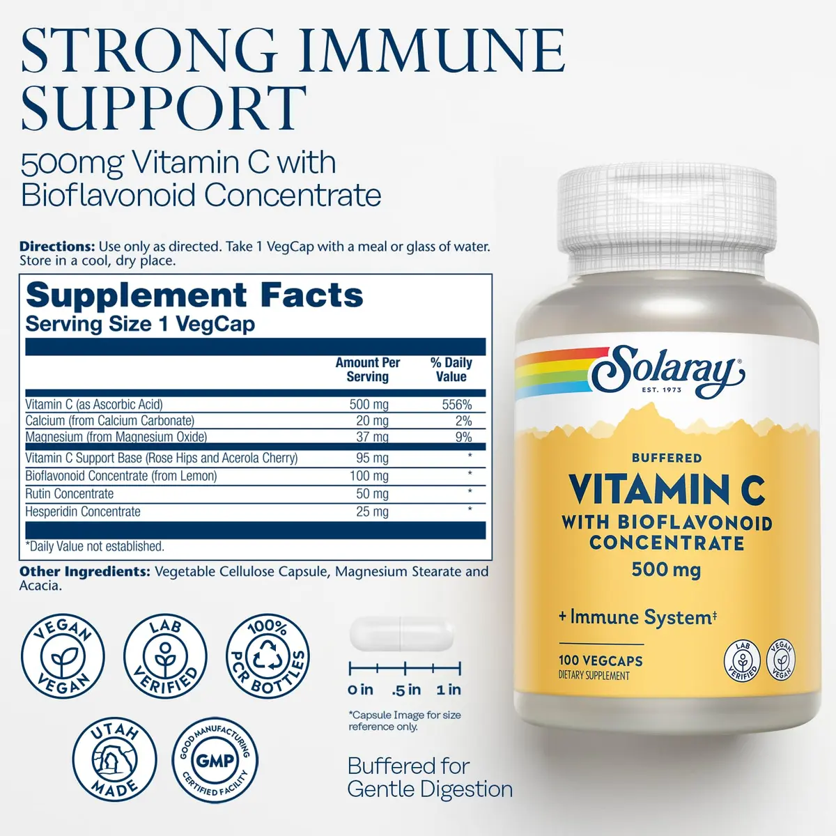 SOLARAY Buffered Vitamin C 500 mg | Vegan, Antioxidant Support, 100 VegCaps - view 2