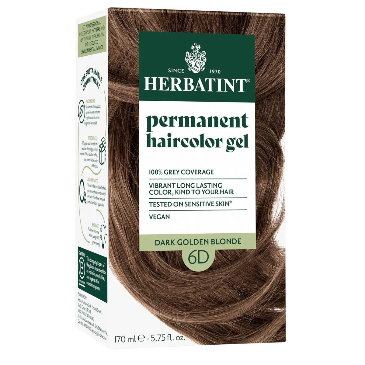 Herbatint Permanent Hair Dye 6D Dark Golden Blonde 165ml (5.75 Fl Oz) | Ammonia-Free Vegan Hair Color for Gray Coverage - main product image