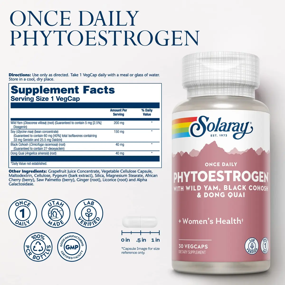 SOLARAY Once Daily Phytoestrogen VegCaps 30 Count (30 Servings) | Women's Health Support with Wild Yam, Soy, Black Cohosh & Dong Quai - view 2