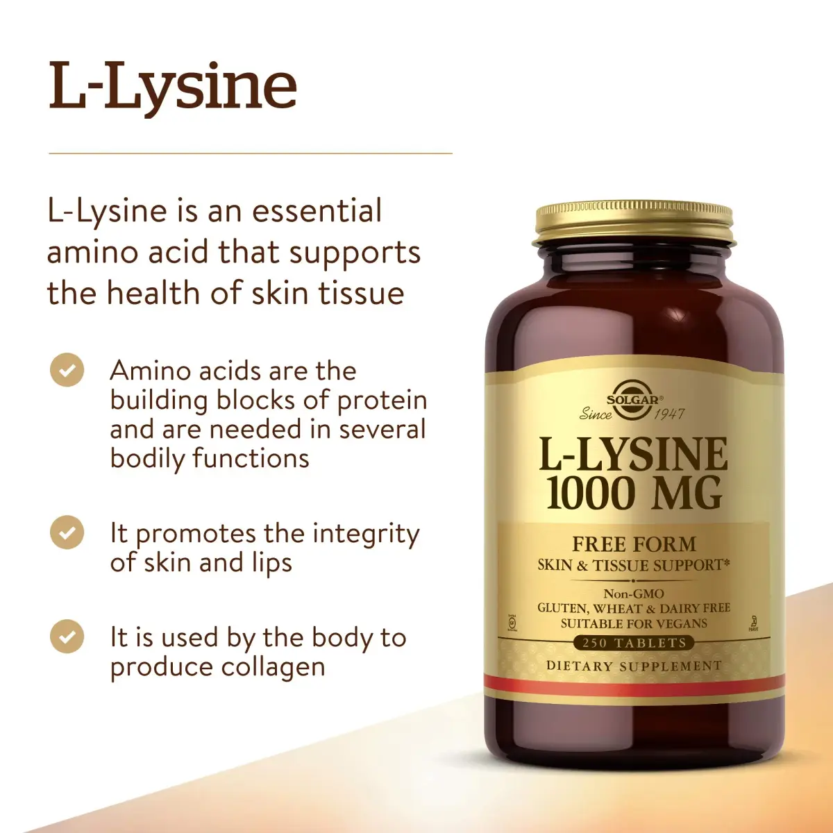 Solgar L-Lysine 1000 mg Tablets | 250 Count (250 Servings) | Essential Amino Acid for Skin & Collagen Support - view 3