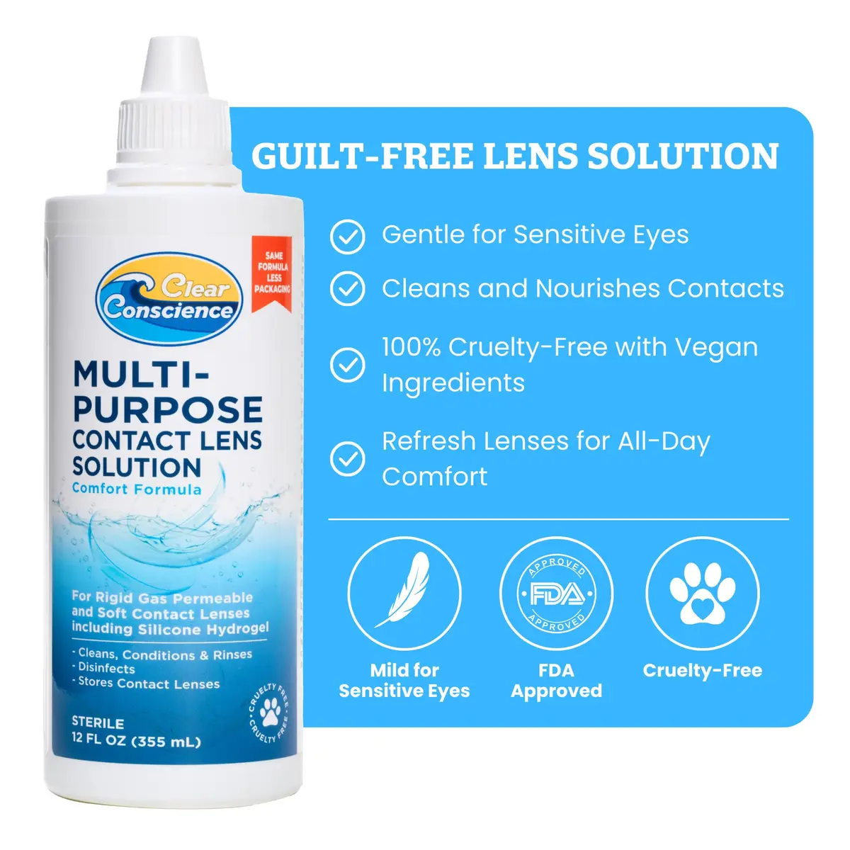 Clear Conscience Contact Lens Solution 12 Fl Oz | Cruelty-Free, No Rub Formula for Sensitive Eyes - view 2