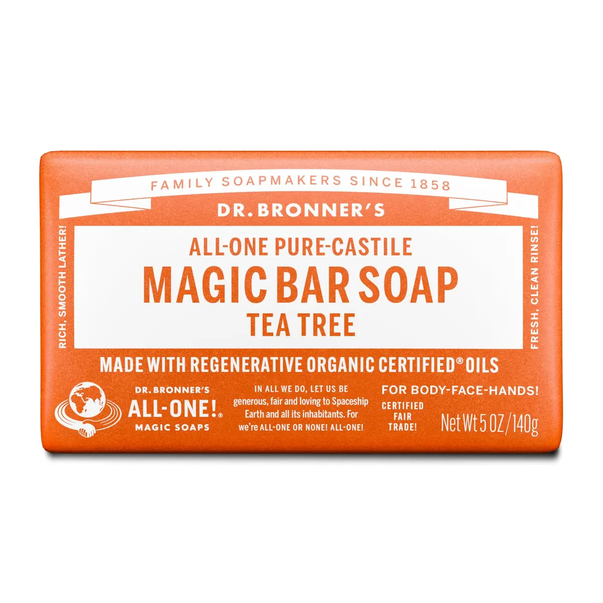 Dr. Bronner's Pure-Castile Bar Soap, Tea Tree 5 oz | Organic, Vegan, Gentle Clean - main product image