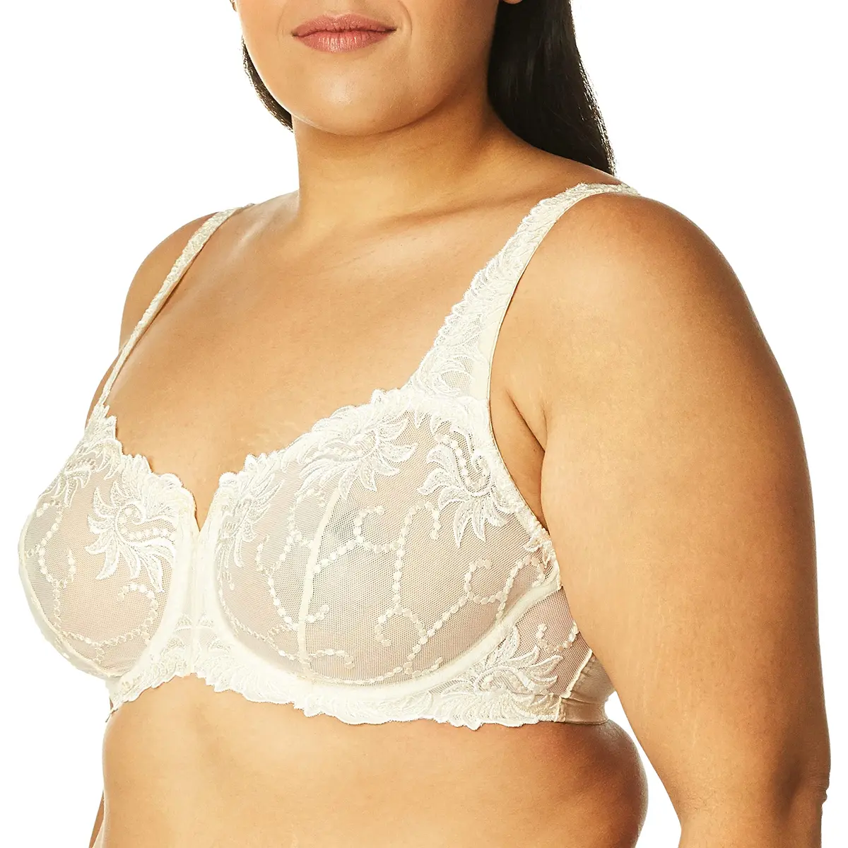 Lunaire Womens Sevilla Scroll Embroidered Semi Demi Underwire Bra, Ivory, 40C | Floral Lace Support - main product image
