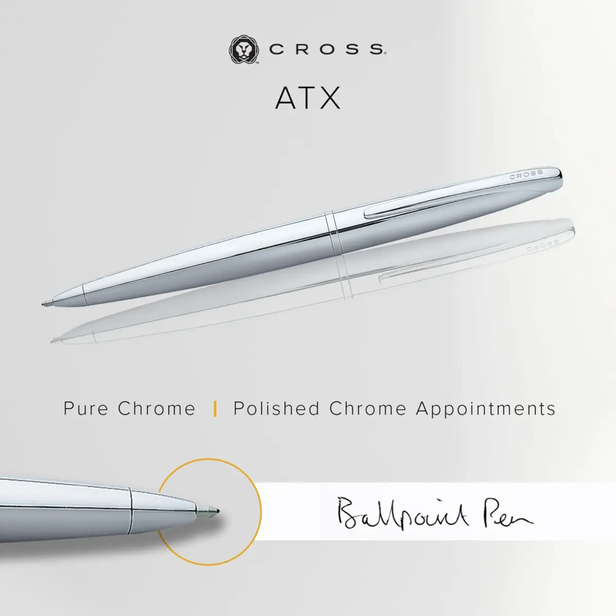 Cross ATX Pure Chrome Ballpoint Pen, Medium Point, Black Ink (0.7mm) | Smooth Writing, Professional Design - view 2