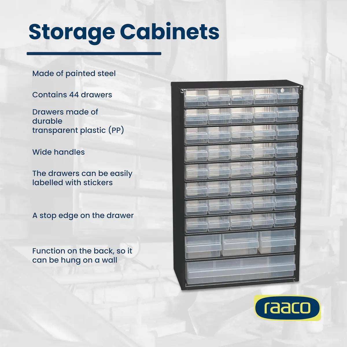 Raaco Steel Storage Cabinet, Compact 16-Drawer | Space-Saving Tool Organizer for Workshop & Garage — Tall-44D / Steel Cabinets - view 4