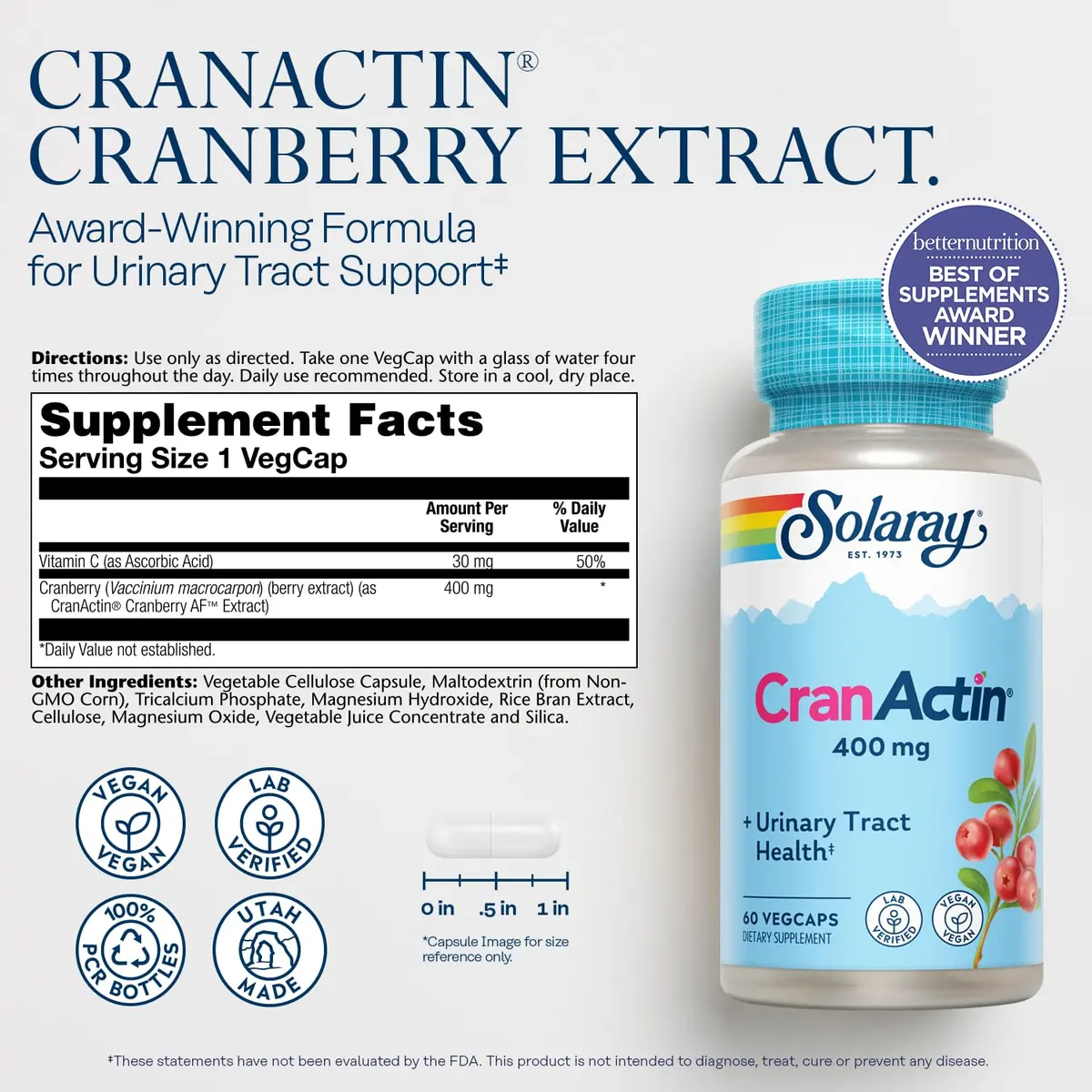 SOLARAY CranActin Cranberry Extract 400 mg | Urinary & Immune Support, Vegetarian, 60 VegCaps - view 2