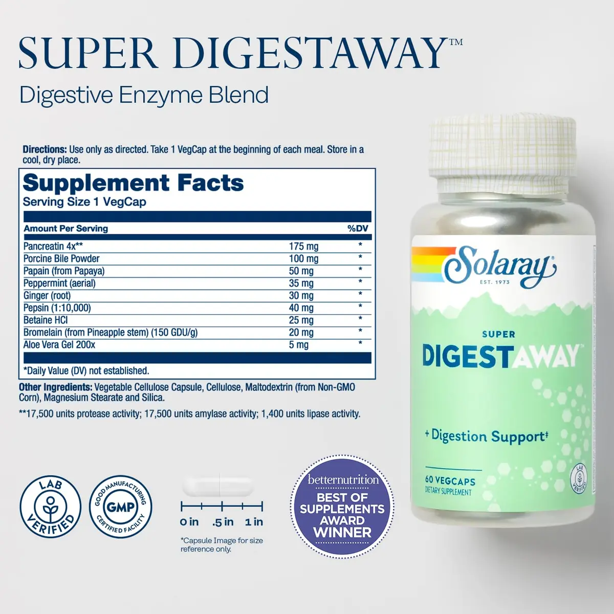 SOLARAY Super Digestaway Digestive Enzymes 60 VegCaps | Supports Protein, Fat & Carb Absorption - view 2