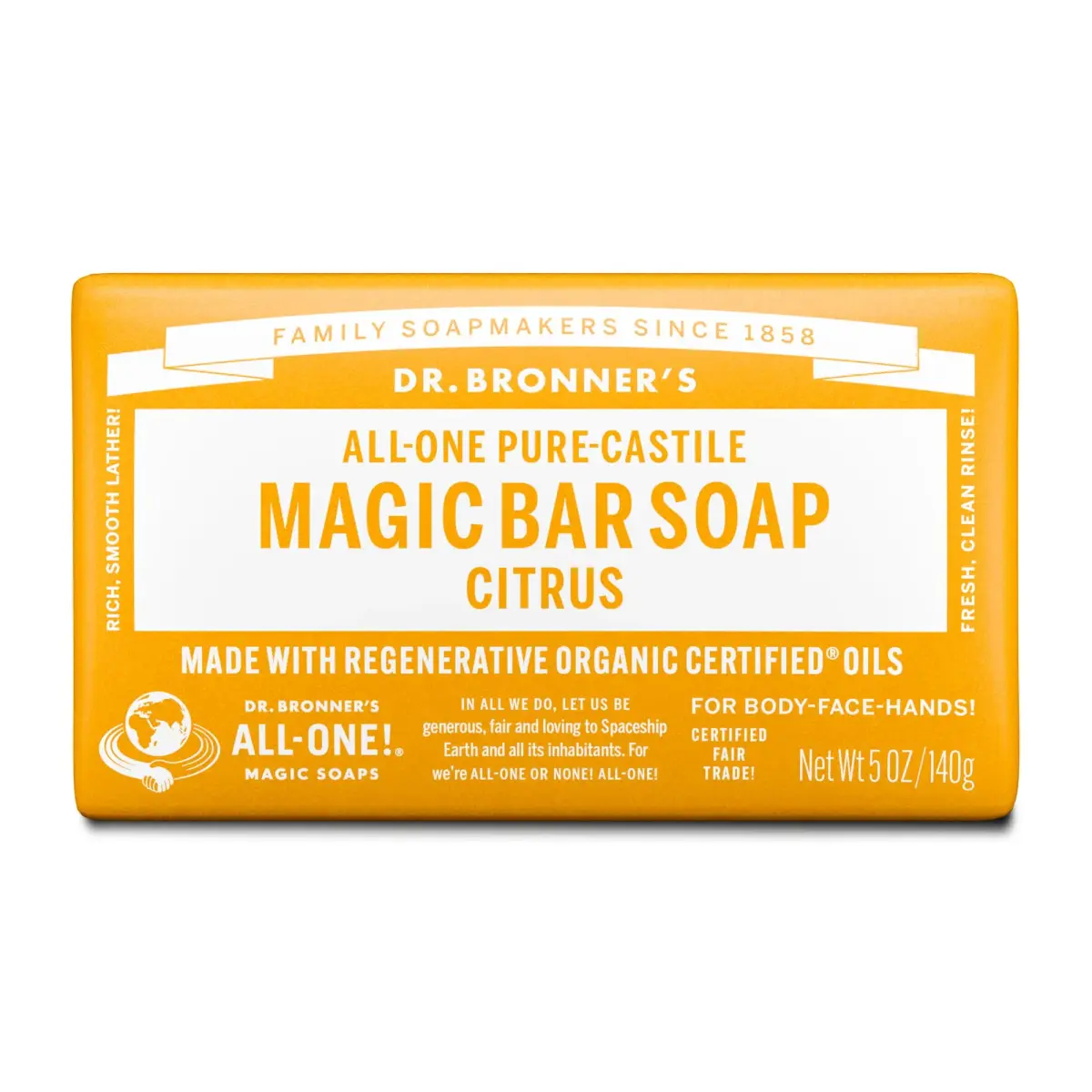 Dr. Bronner's Pure Castile Bar Soap Citrus Orange 140g (5 Oz) | Organic Oils for Face, Body & Hair - main product image