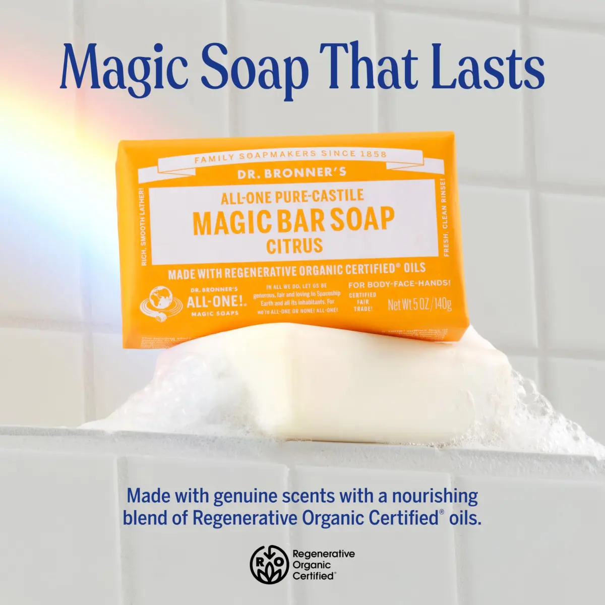 Dr. Bronner's Pure Castile Bar Soap Citrus Orange 140g (5 Oz) | Organic Oils for Face, Body & Hair - view 2