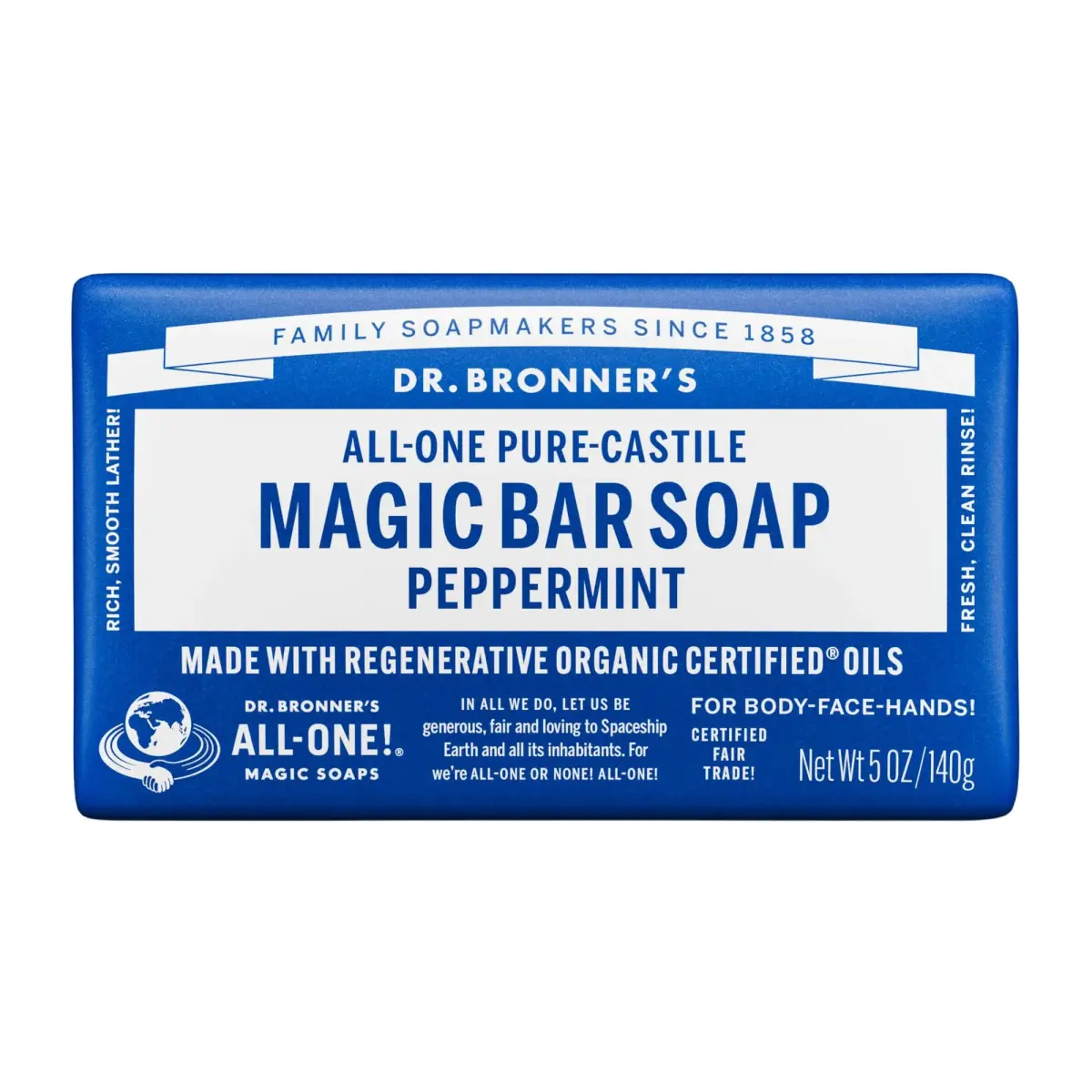 Dr. Bronner's Pure-Castile Bar Soap Peppermint 140g (5 oz) | Gentle Cleansing for Face, Body & Hair - main product image