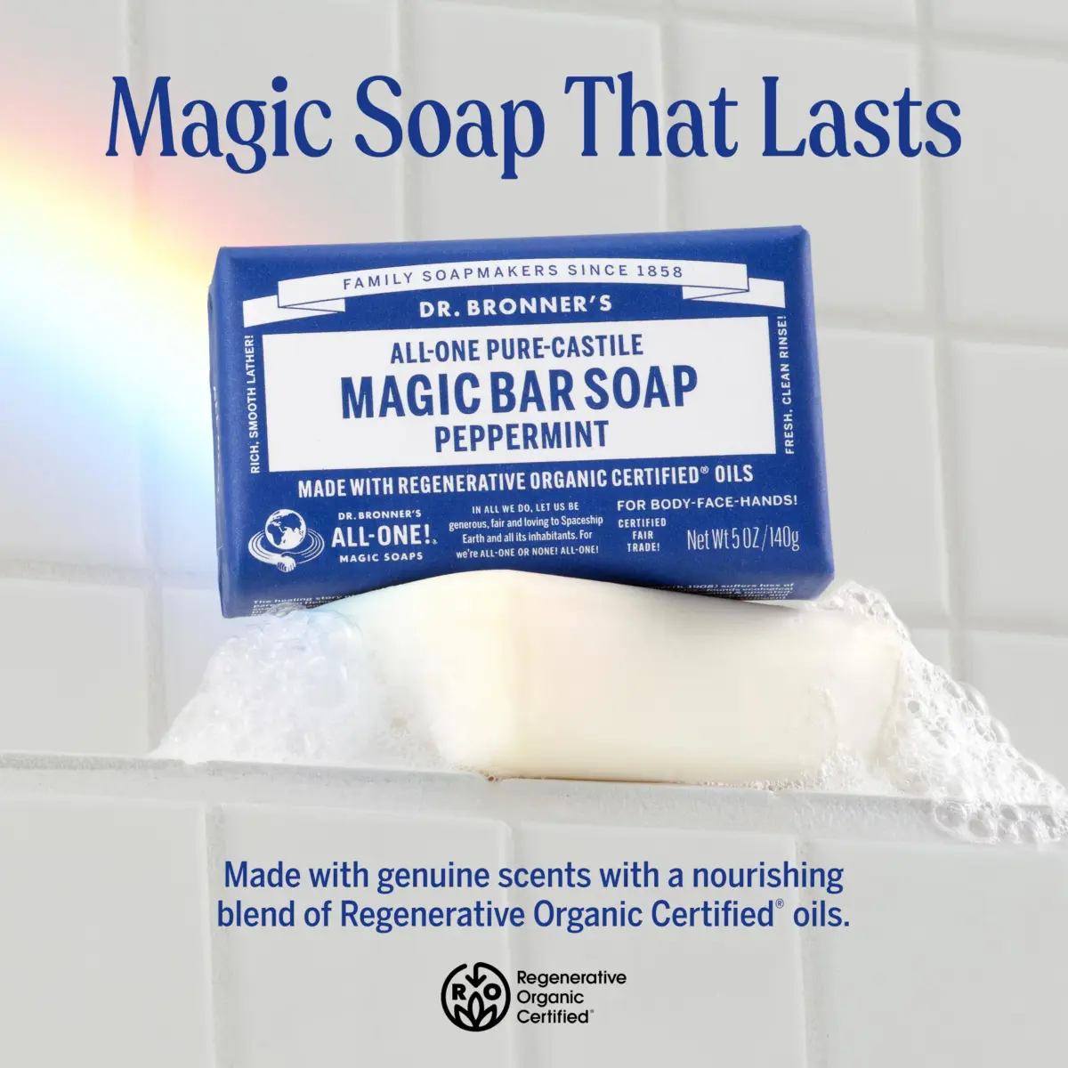 Dr. Bronner's Pure-Castile Bar Soap Peppermint 140g (5 oz) | Gentle Cleansing for Face, Body & Hair - view 2