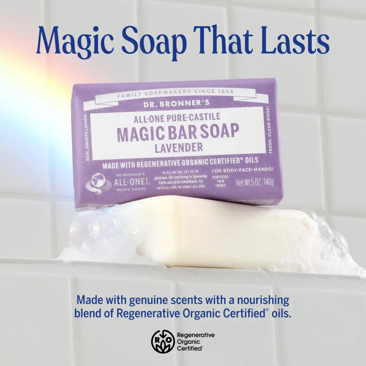Dr. Bronner's Pure-Castile Bar Soap Lavender 142g (5 oz) | Organic & Fair Trade Ingredients - view 2