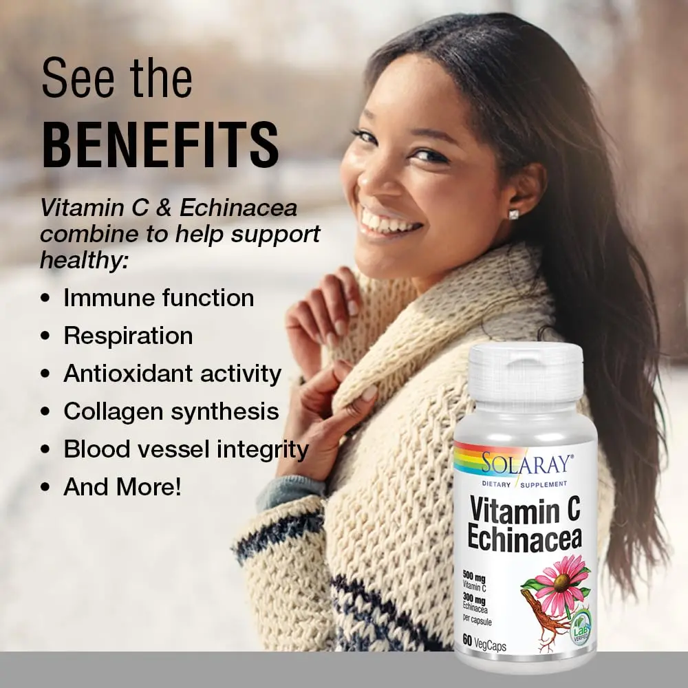 SOLARAY Vitamin C & Echinacea Root | 60 VegCaps | Supports Immune & Respiratory Health - view 2