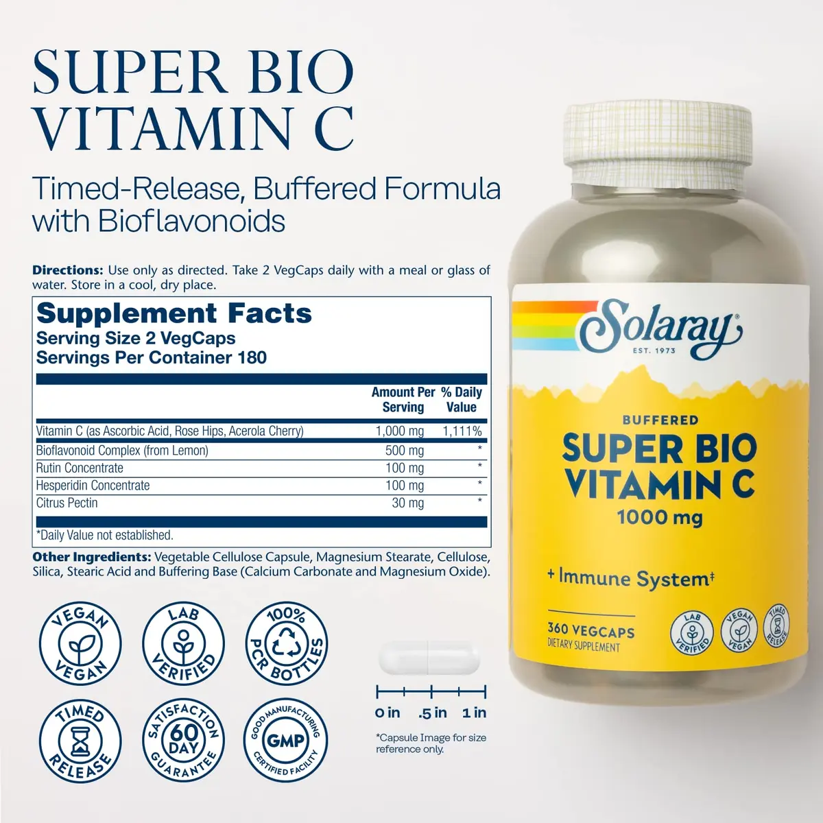 SOLARAY Super Bio Buffered Vitamin C 1000 mg Time Release, 360 VegCaps | Supports Immunity & Heart - view 2