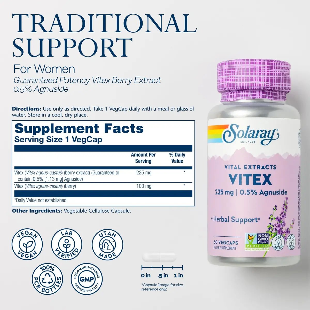 SOLARAY Vitex Berry Extract 225 mg | Traditional Women's Hormone Support | Vegan, Lab Verified - view 2