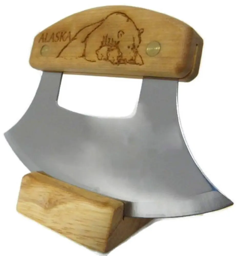 The ULU Factory Alaskan Ulu Knife 6" (15.24 cm) with Birch Handle & Stand | Traditional Forged Blade - main product image