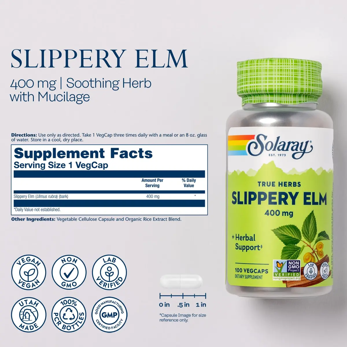 Solaray Slippery Elm Bark 400 mg | Vegan Capsules for Throat & Gut Support - view 3
