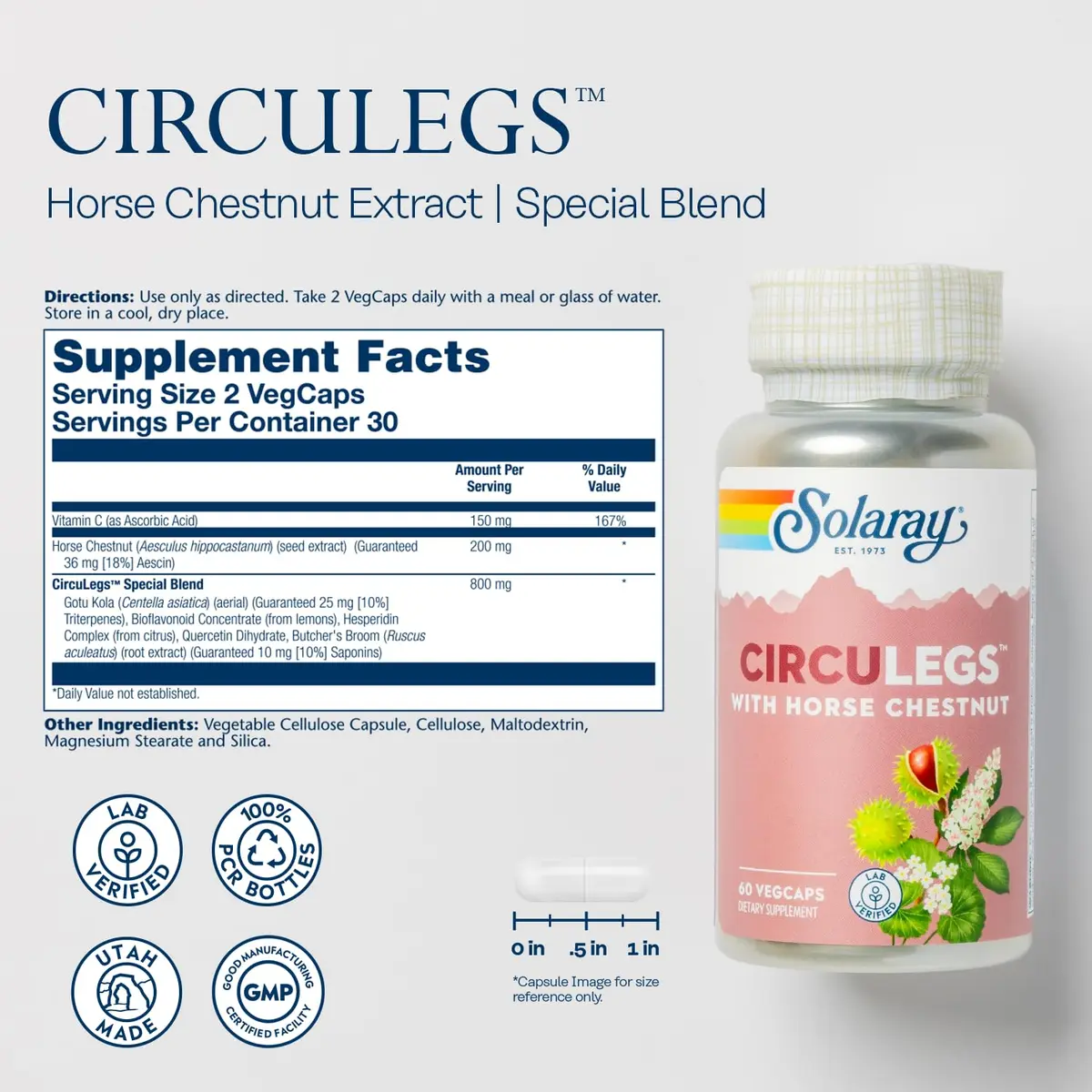 SOLARAY Circulegs 60 VegCaps | Horse Chestnut & Vitamin C for Circulatory Wellness - view 2