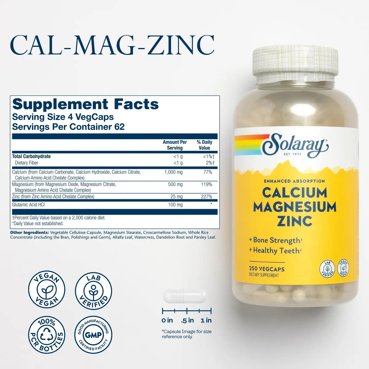 SOLARAY Calcium Magnesium Zinc Supplement - 1000mg Calcium, 500mg Magnesium, 25mg Zinc | Bone & Heart Support - view 2