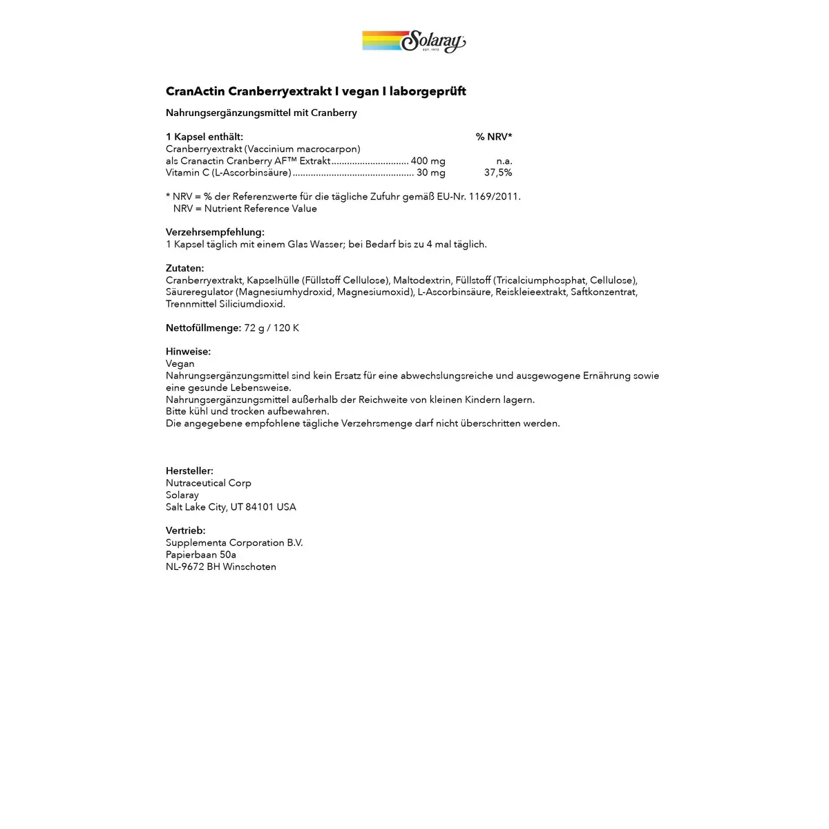 SOLARAY CranActin Cranberry Extract 400 mg | Urinary & Bladder Support, Vegan, 120 VegCaps - view 7