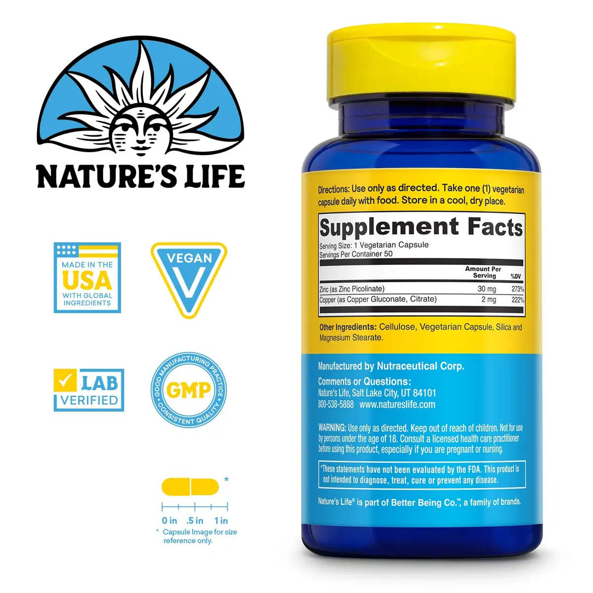 Nature's Life Zinc Picolinate 30mg + 2mg Copper | Immune & Skin Support (70-120 chars) - view 2