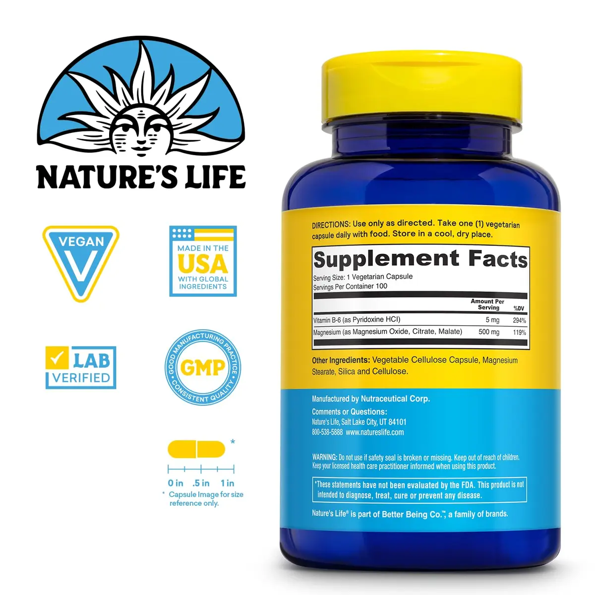 Nature's Life Magnesium 500 mg | Supports Muscles & Nerves | Lab Verified (100 VegCaps) - view 2