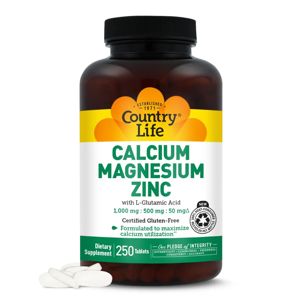 Country Life Calcium Magnesium Zinc with L-Glutamic Acid 250 Tablets | Bone & Muscle Support - main product image